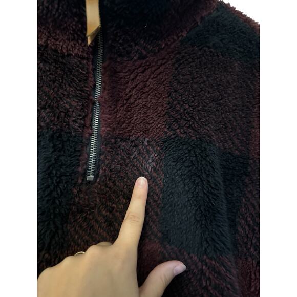 Buffalo Plaid Sherpa Half Zip Pullover Jacket – Burgundy Black – Women’s Medium - Picture 6 of 9